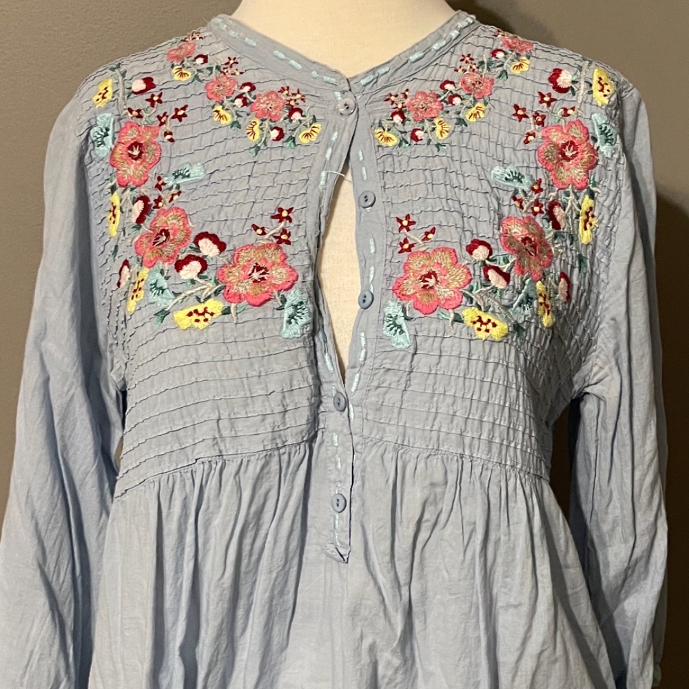 Johnny Was blue top with embroidery size small